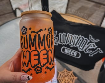Summerween, 16oz Clear Glass Cup, Summer Cup, Spooky Summer, Summerween party cups, Glass cup with lid and straw, goth summer, goth cup, ALT