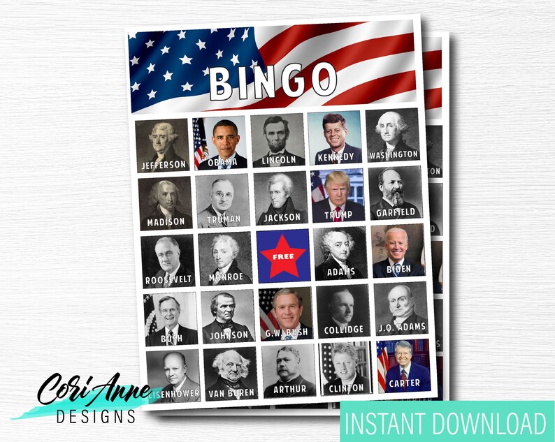 American Presidents Bingo Game 15 Cards United States | Etsy