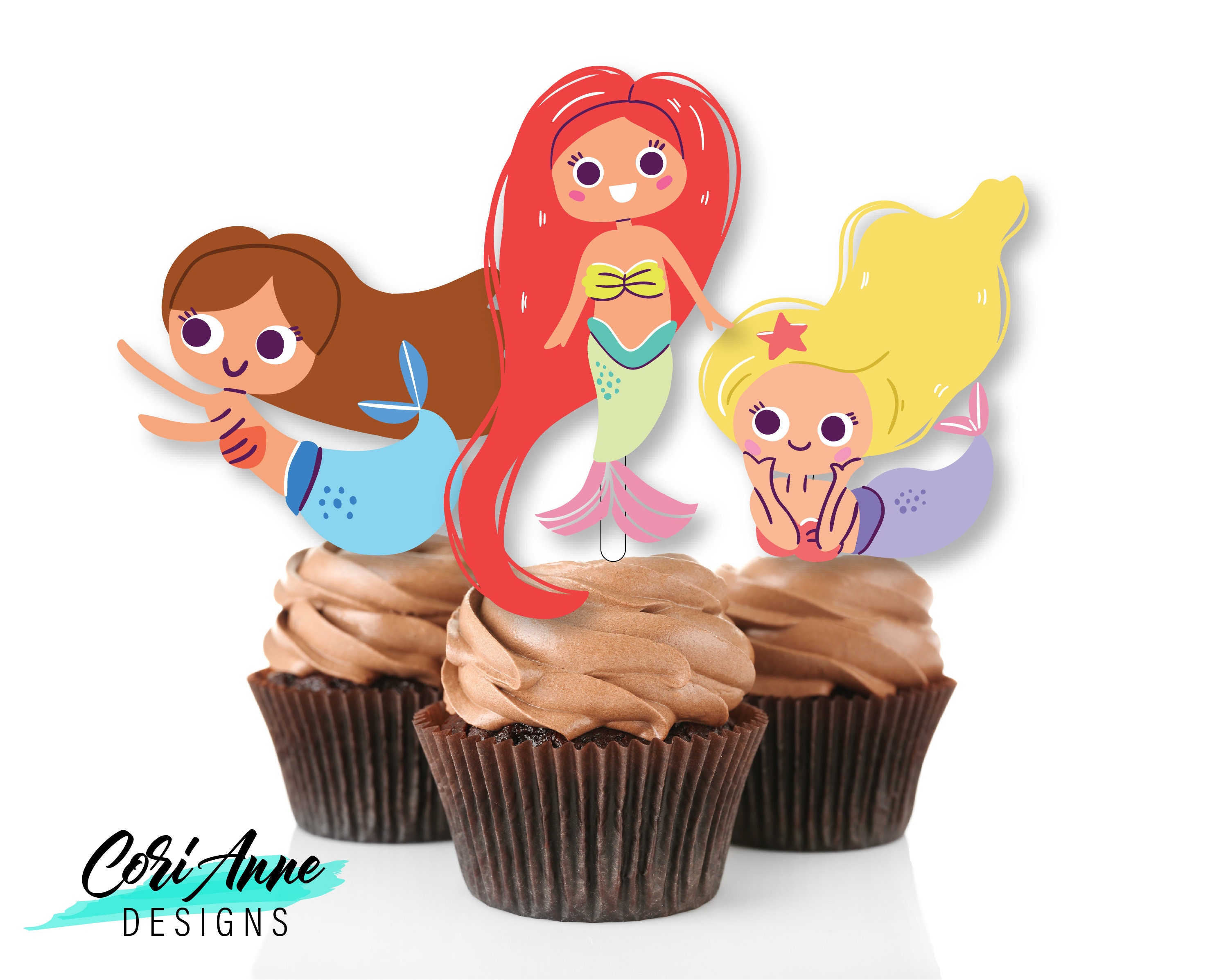 Printable Mermaid Cupcake Toppers Birthday Party Decor Cake Etsy