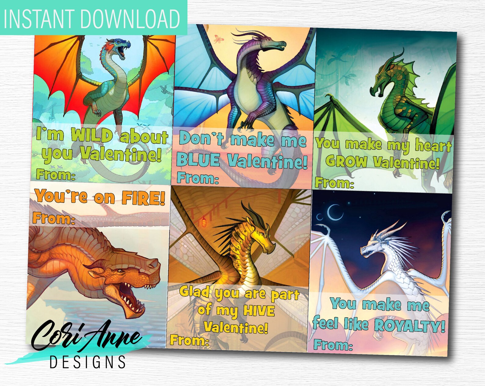 Wings of Fire Valentines Cards Set of 6 DIY Printable Etsy