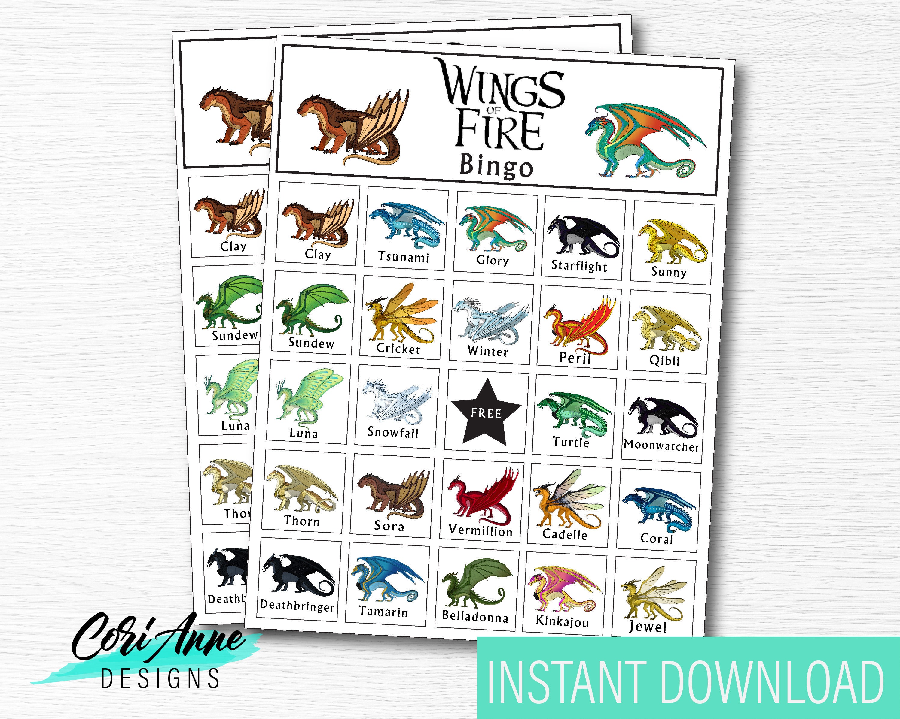 Updated Wings of Fire Bingo Game 15 Cards· Dragon Birthday Party· Pri…