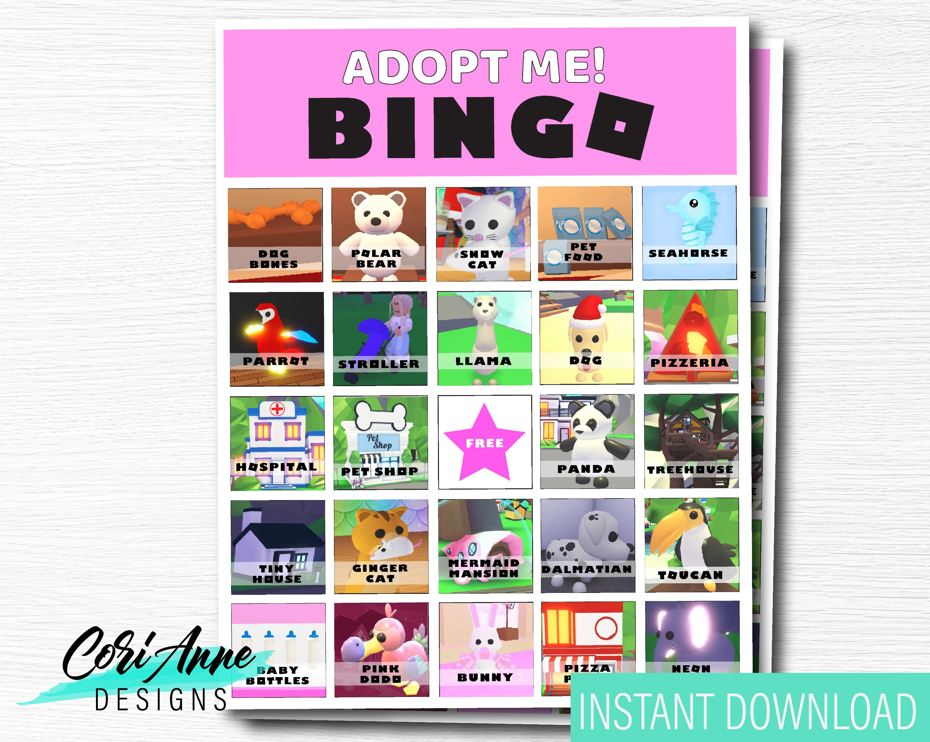 adopt me roblox video game bingo 5x5 game 15 cards birthday etsy