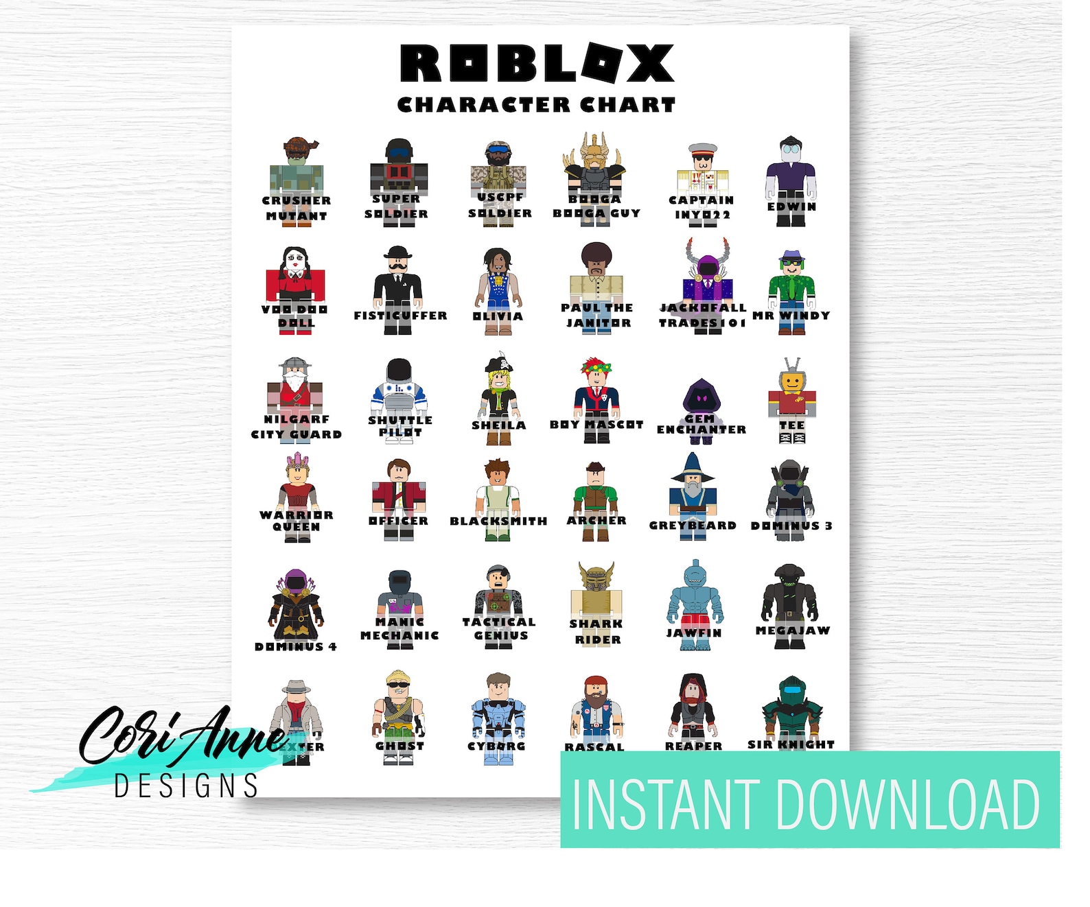 Roblox Character Chart Bedroom Wall Art Birthday Party | Etsy