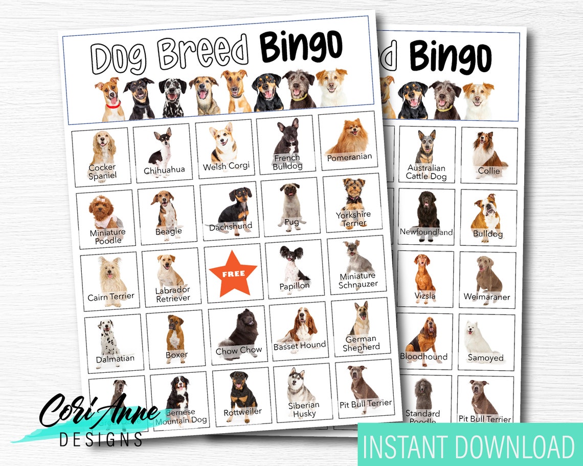 Dog Breed Bingo Game 15 Cards Birthday Party Puppy Printable | Etsy