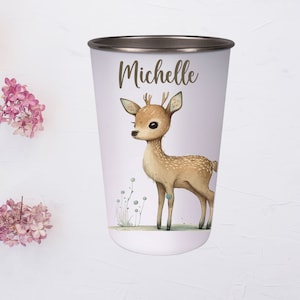 Drinking cup for children made of stainless steel printed with name - 400 ml - Perfect gift for kindergarten or school enrollment / deer fawn Bambi