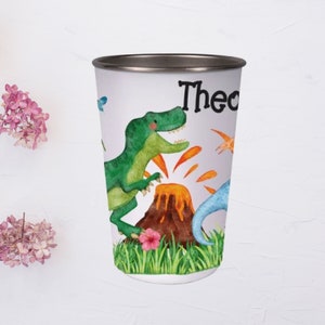 Drinking cup for children made of stainless steel printed with names - 400 ml. - Perfect for kindergarten, school or the garden / dinosaurs