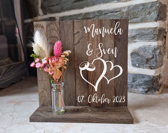 Wooden stand as a wedding gift / oak table stand personalized with name and date / dried flowers / wedding gift