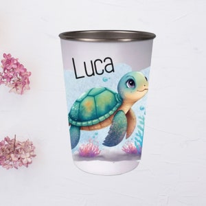 Drinking cup for children made of stainless steel printed with name - 400 ml - perfect gift for kindergarten or school enrollment / turtle