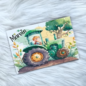 Puzzle aus Holz personalisiert mit 12 oder 30 Teilen / 17,5 x 25 cm / Geschenk zum Kindergeburtstag / Puzzle für Kinder / Traktor Trecker