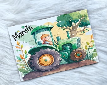 Puzzle aus Holz personalisiert mit 12 oder 30 Teilen / 17,5 x 25 cm / Geschenk zum Kindergeburtstag / Puzzle für Kinder / Traktor Trecker