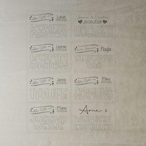 May include: A collection of laser-cut wooden plaques with various German phrases and names, including "Konfirmation," "Hochzeit," and "Geburtstag." Each plaque features decorative script and dates, suitable for special occasions.