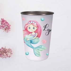 Drinking cup for children made of stainless steel printed with name - 400 ml - Perfect gift for kindergarten or school enrollment / mermaid