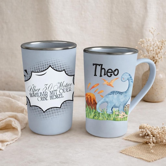 Trinkbecher für Kinder aus Edelstahl bedruckt mit Namen - 400 ml. - Perfekt für den Kindergarten, die Schule oder den Garten / Dinosaurier