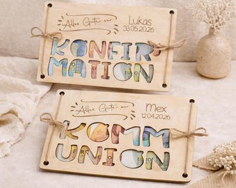 Gepersonaliseerd houten geldgeschenk voor Vormsel/Communie – Vormselcadeau voor jongens en meisjes – Gegraveerde verpakking voor houten geldgeschenk