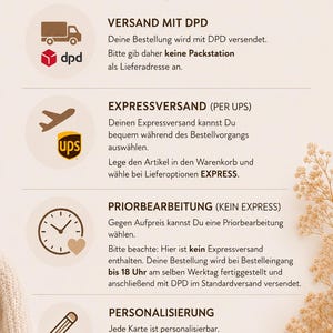 May include: A beige graphic with text in German, detailing shipping and order information. Icons of a truck, airplane, clock, and pencil accompany the text. The text includes "Versand mit DPD", "Expressversand", "Priorbearbeitung", and "Personalisierung".