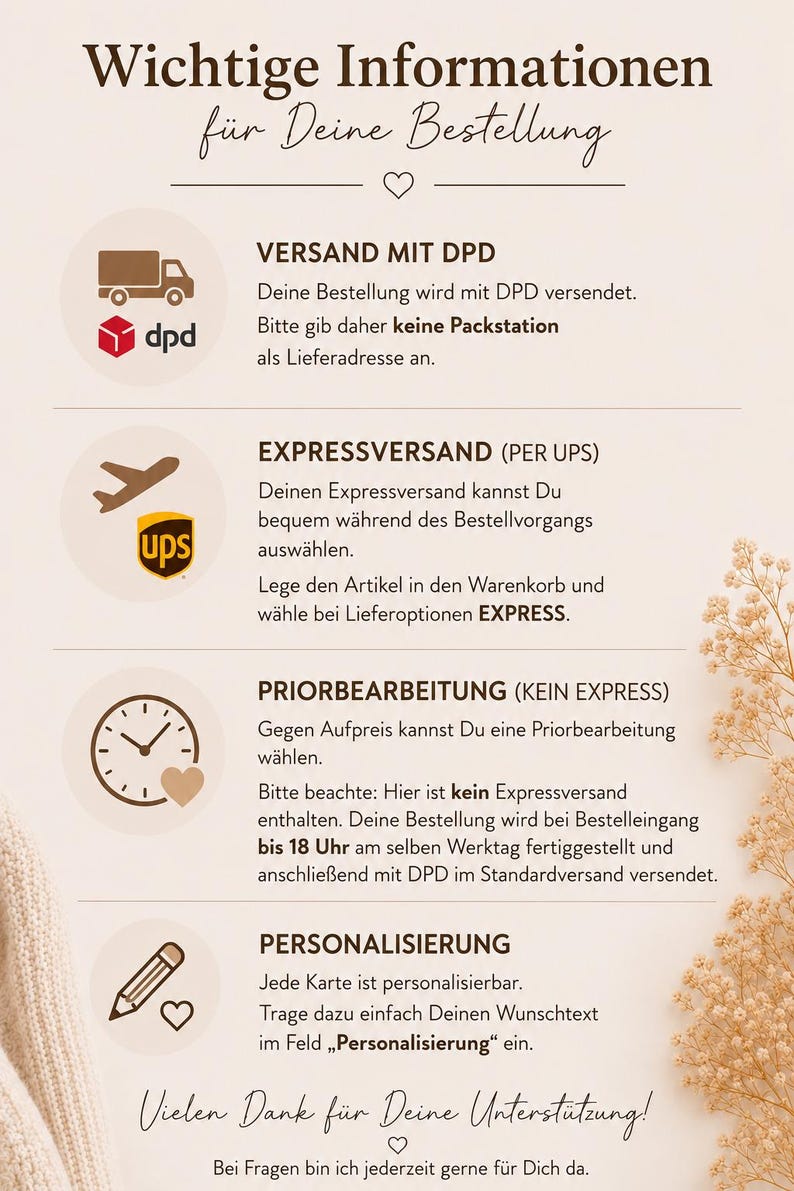May include: A beige graphic with text in German, detailing shipping and order information. Icons of a truck, airplane, clock, and pencil accompany the text. The text includes "Versand mit DPD", "Expressversand", "Priorbearbeitung", and "Personalisierung".