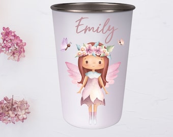 Trinkbecher für Kinder aus Edelstahl bedruckt mit Namen - 400 ml - Perfektes Geschenk für Kindergarten oder Einschulung / Fee Fairy