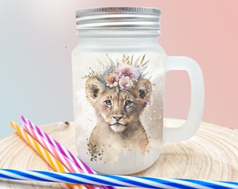 Henkelglas Mason Jar Becher / personalisiert bedruckt für Dein Sommergetränk / mit Deckel und Strohhalm 400 ml / Löwe Hakuna Matata