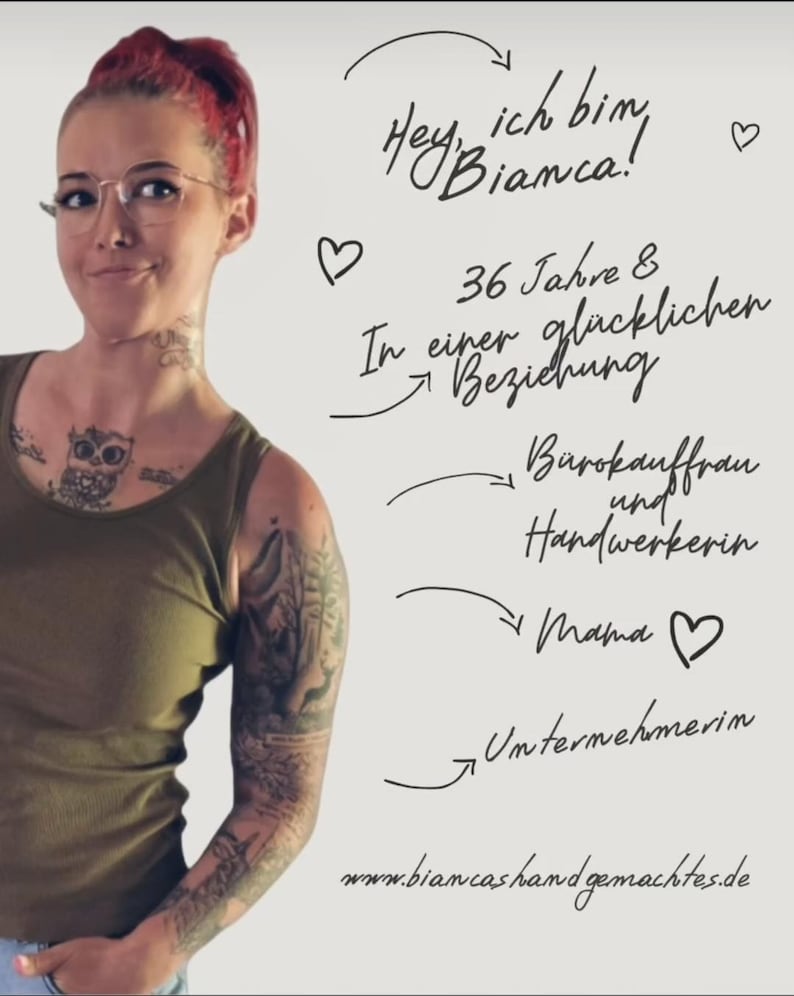 May include: A woman with red hair and glasses smiles, with text in German. The text includes "Hey, ich bin Bianca!", "36 Jahre & In einer gl&uuml;cklichen Beziehung", "B&uuml;rokauffrau und Handwerkerin", "Mama", and "Unternehmerin".