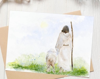 Greeting Card Original Art Print - The Good Shepherd Watercolor, Jesus, Sheep, Blank Note Card