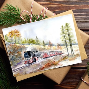 Greeting Card Original Art Print - Scenic Train Watercolor