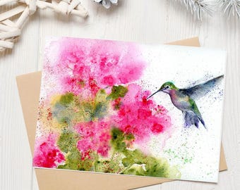 Tarjeta de felicitación con lámina artística original - Tarjeta de felicitación con colibrí en acuarela y geranios rosas