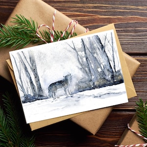 Greeting Card Original Art Print - Grey Wolf Watercolor, Frosty Morning Landscape