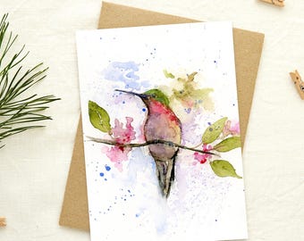 Tarjeta de felicitación con impresión artística original: Colibrí, acuarela