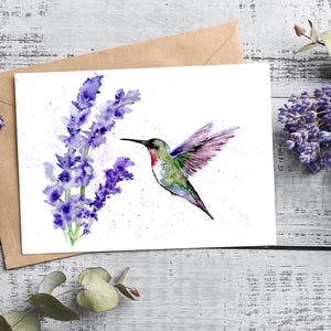 Greeting Card Original Art Print - Hummingbird Watercolor notecard, Lavender Flowers