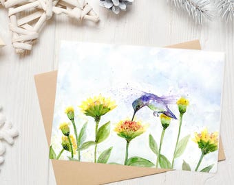 Tarjeta de felicitación con lámina artística original - Tarjeta de felicitación con colibrí en acuarela y flores amarillas