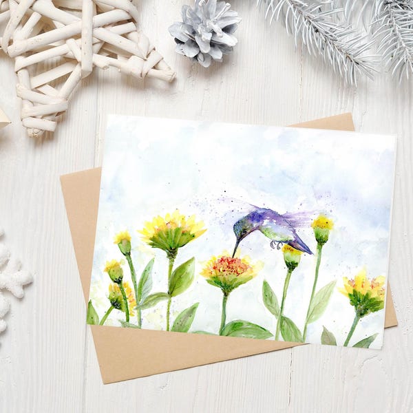 Grußkarte, Original Kunstdruck - Kolibri Aquarell Grußkarte, Gelbe Blumen