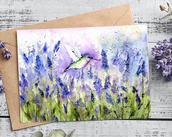 Tarjeta de felicitación con lámina artística original - Colibrí en acuarela, Campo de lavanda