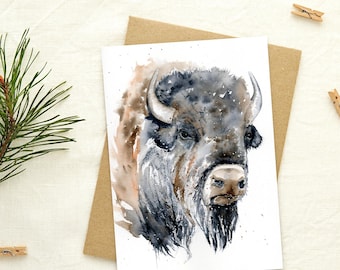 Greeting Card Original Art Print, Bison Watercolor Card, Buffalo
