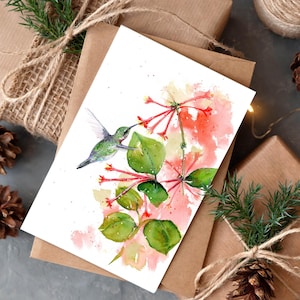 Greeting Card Original Art Print - Hummingbird Watercolor notecard, Honeysuckle Flowers