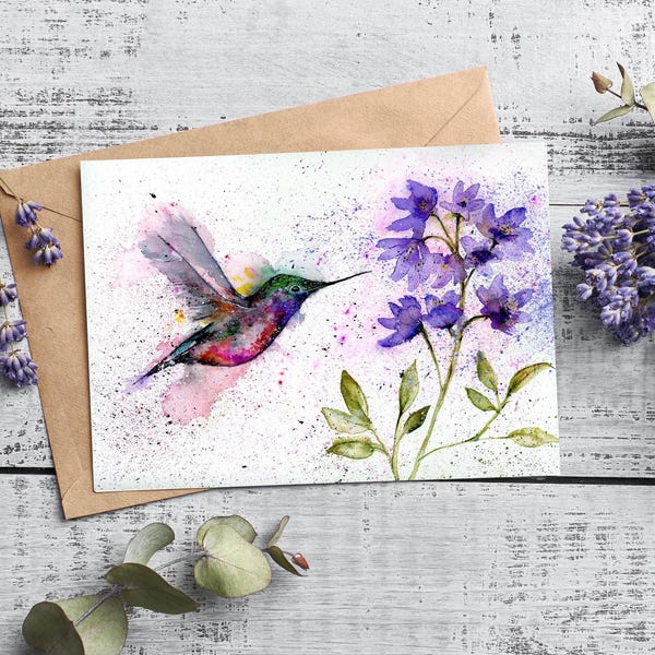 Grußkarte, Original Kunstdruck - Kolibri Aquarell Grußkarte, Blüten Lila, Glockenblumen
