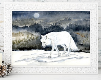 White Wolf Watercolor Print: Arctic Snowscape Giclée