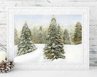 Winter Landscape Watercolor Painting, Watercolor Giclée, Christmas