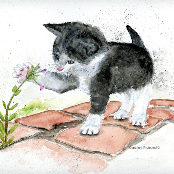 Kitten Original Watercolor Painting, Playful Kitten, Kitty, Cat