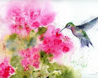 Greeting Card Original Art Print - Hummingbird Watercolor notecard, Pink Geraniums