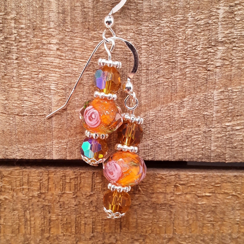 Crystal Earrings Lovely Faceted Floral Peach Colored Lampwork and Crystal Sterling Silver Earrings Mother/'s Day Gift