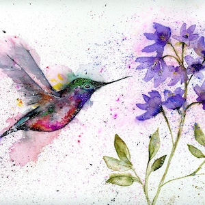 グリーティング カード オリジナル アート プリント - ハチドリ 水彩画 ノートカード、紫の花、ベルフラワー