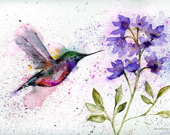 Greeting Card Original Art Print - Hummingbird Watercolor notecard, Purple Flowers, Bell Flowers
