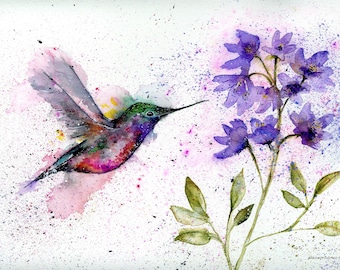 Greeting Card Original Art Print - Hummingbird Watercolor notecard, Purple Flowers, Bell Flowers