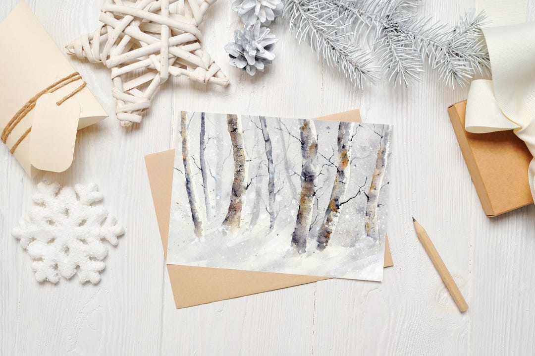 Watercolor Card: Winter Landscape Art Print, Blank Greeting Card, Birch ...