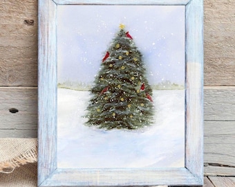 Christmas Watercolor Painting, Winter Watercolor Giclée, Cardinals In Evergreen Tree