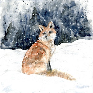 Grußkarte Original Art Print - Winterfuchs Aquarell, Winterlandschaft, Weihnachtskarte