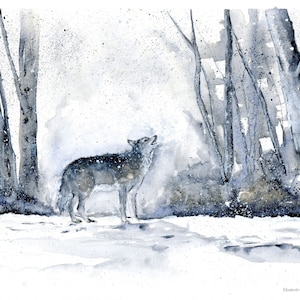Grey Wolf, Original Painting, Frosty Morning Landscape Watercolor Painting