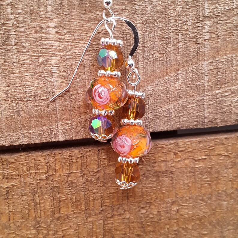 Crystal Earrings Lovely Faceted Floral Peach Colored Lampwork and Crystal Sterling Silver Earrings Mother/'s Day Gift