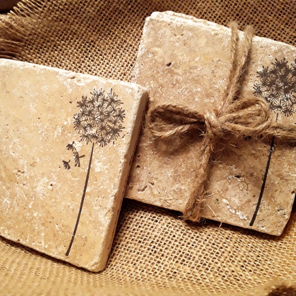 Rustic Dandelion Coasters, Travertine, Stone Coasters, Coaster Sets, Absorbent Coasters