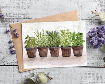 Herb Garden Watercolor Blank Greeting Card, Potted Herbs, All Occasion Notecard